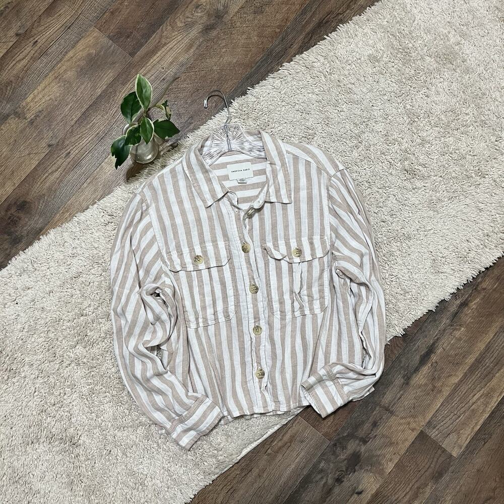 American Eagle Outfitters Beige and White Striped Button-Down Shirt